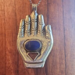 Large Silver Tone Hamsa Hand With Lapis And Red  Stone Unusual Vintage Tribal